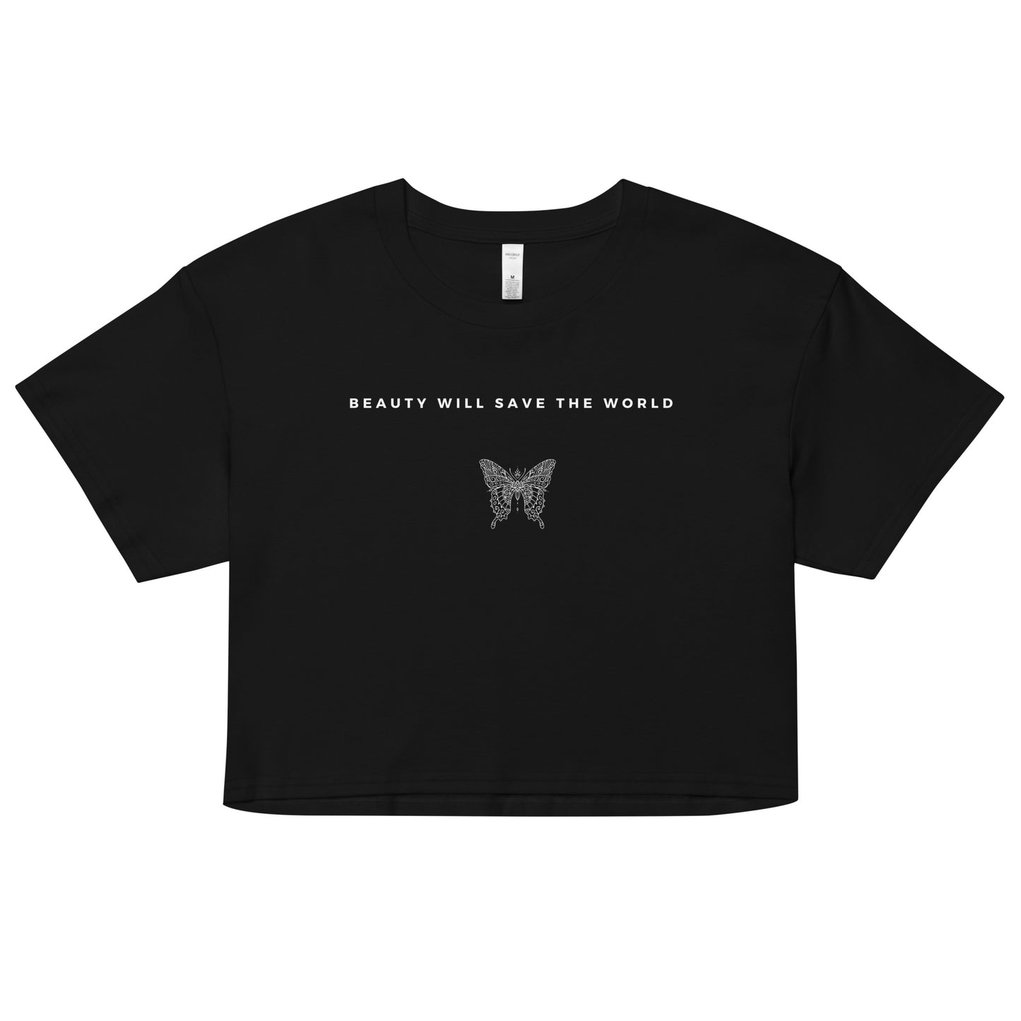 
                  
                    Black women’s Crop Tee with Butterfly Design | Inspiring Message
                  
                