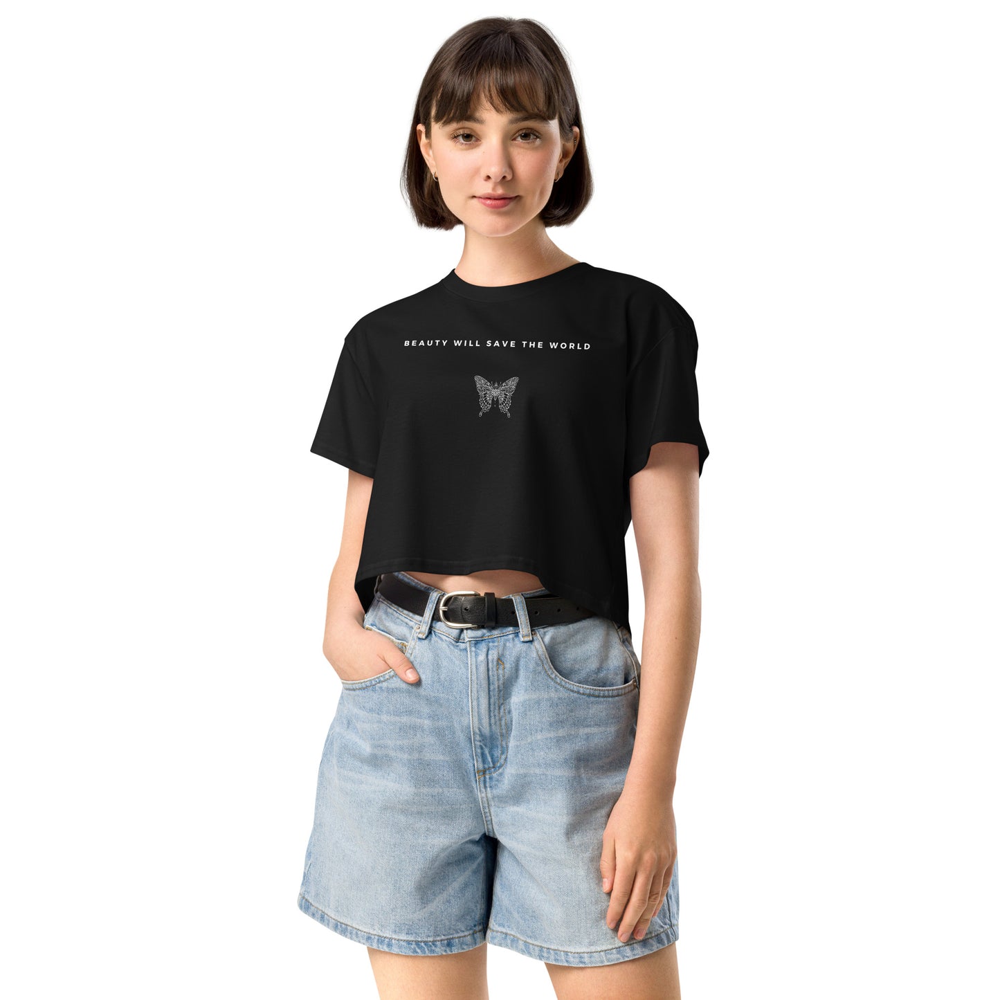 
                  
                    Black women’s Crop Tee with Butterfly Design | Inspiring Message
                  
                