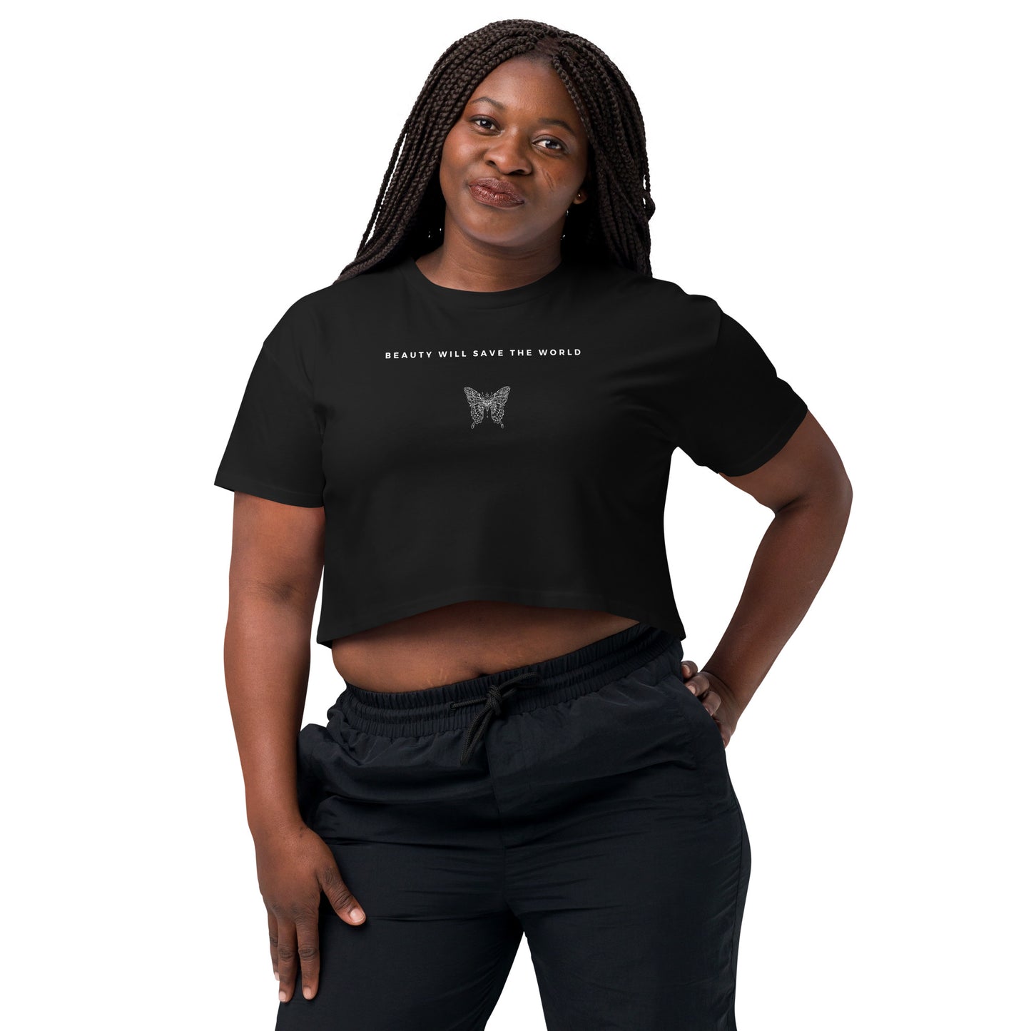 
                  
                    Black Women’s Crop Tee | Inspiring Message on Beauty Saving the World
                  
                