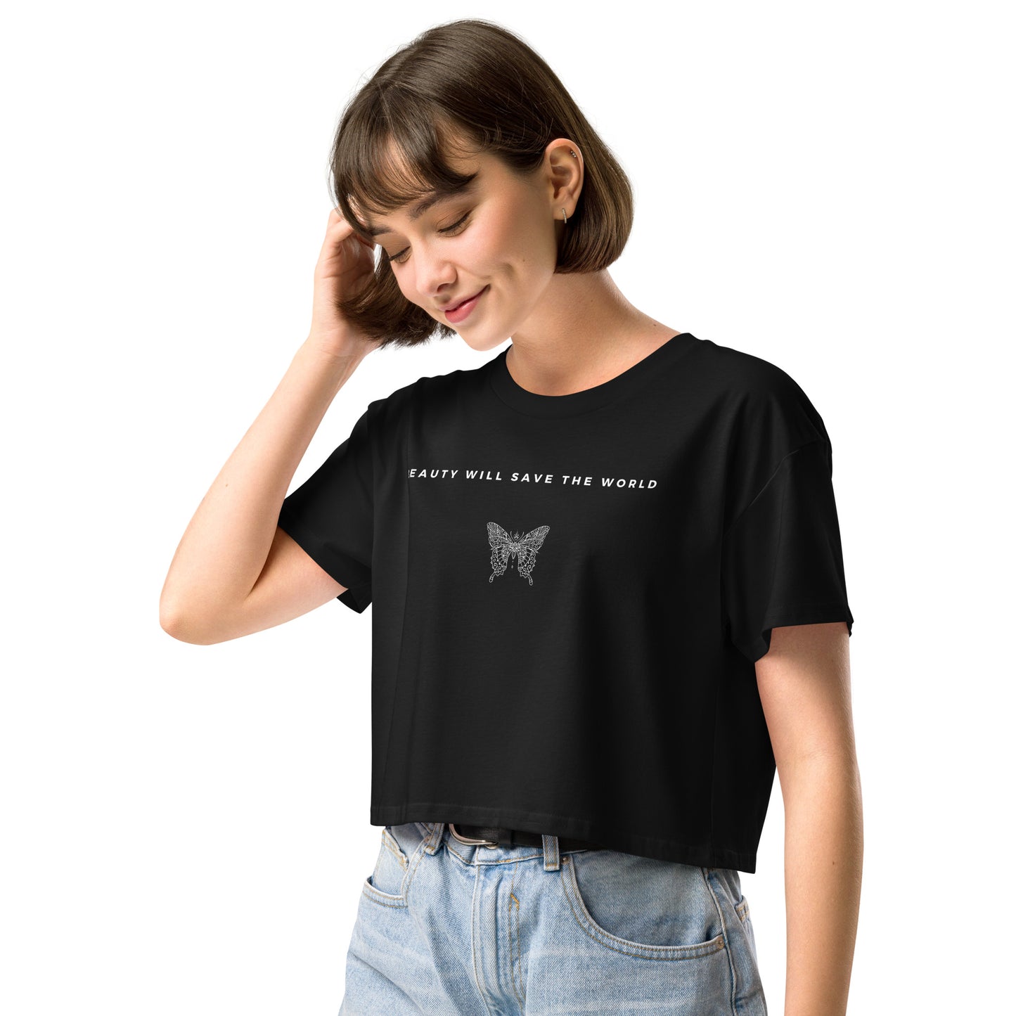 
                  
                    Black women’s Crop Tee with Butterfly Design | Inspiring Message
                  
                