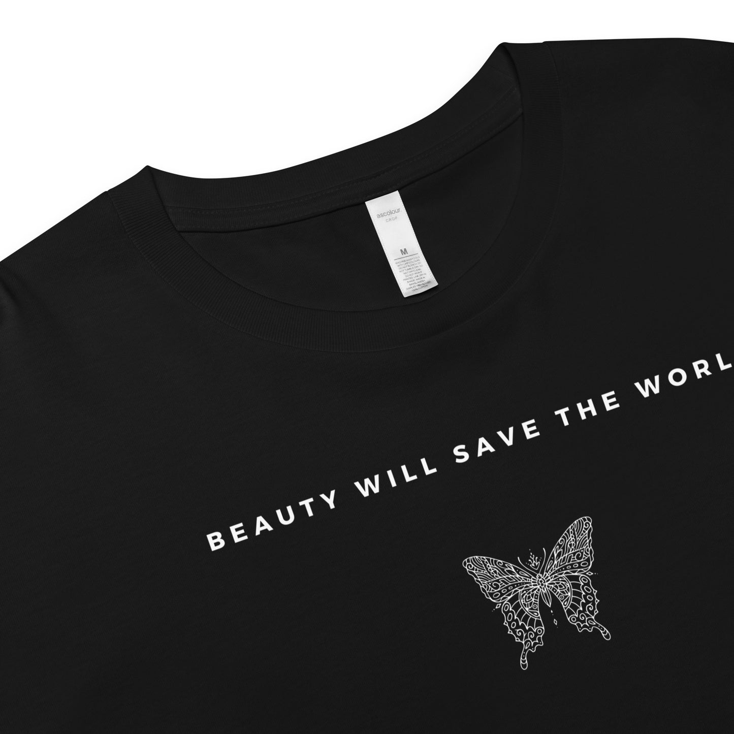 
                  
                    Black women’s Crop Tee with Butterfly Design | Inspiring Message
                  
                